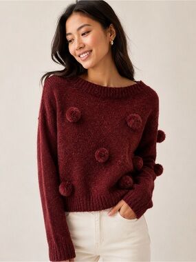 Michelle Nicole Burgundy Pom Pom Sweater Small NWOT